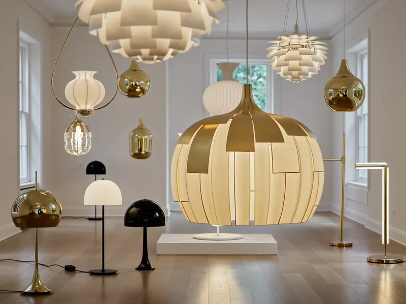 Heller Leuchten-Showroom mit hängenden und stehenden Leuchten in verschiedenen Höhen